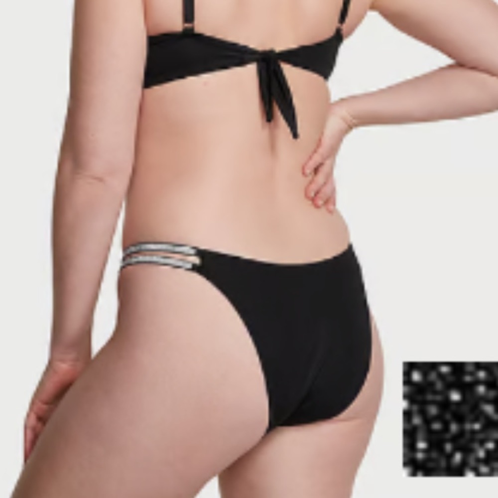 NWT Victoria's Secret Swim Double Shine Strap Brazilian Bikini Bottom Black L